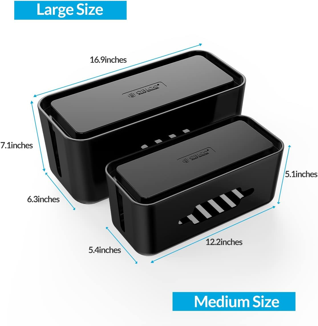 Cable Organizer Box Set, 2 Cable Box with Phone Tablet Holder Stand and a Roll of Black Hook and Loop Tape, Large and Medium Cable Management Box to Hold and Hide Power Strip/Power Cord-Black