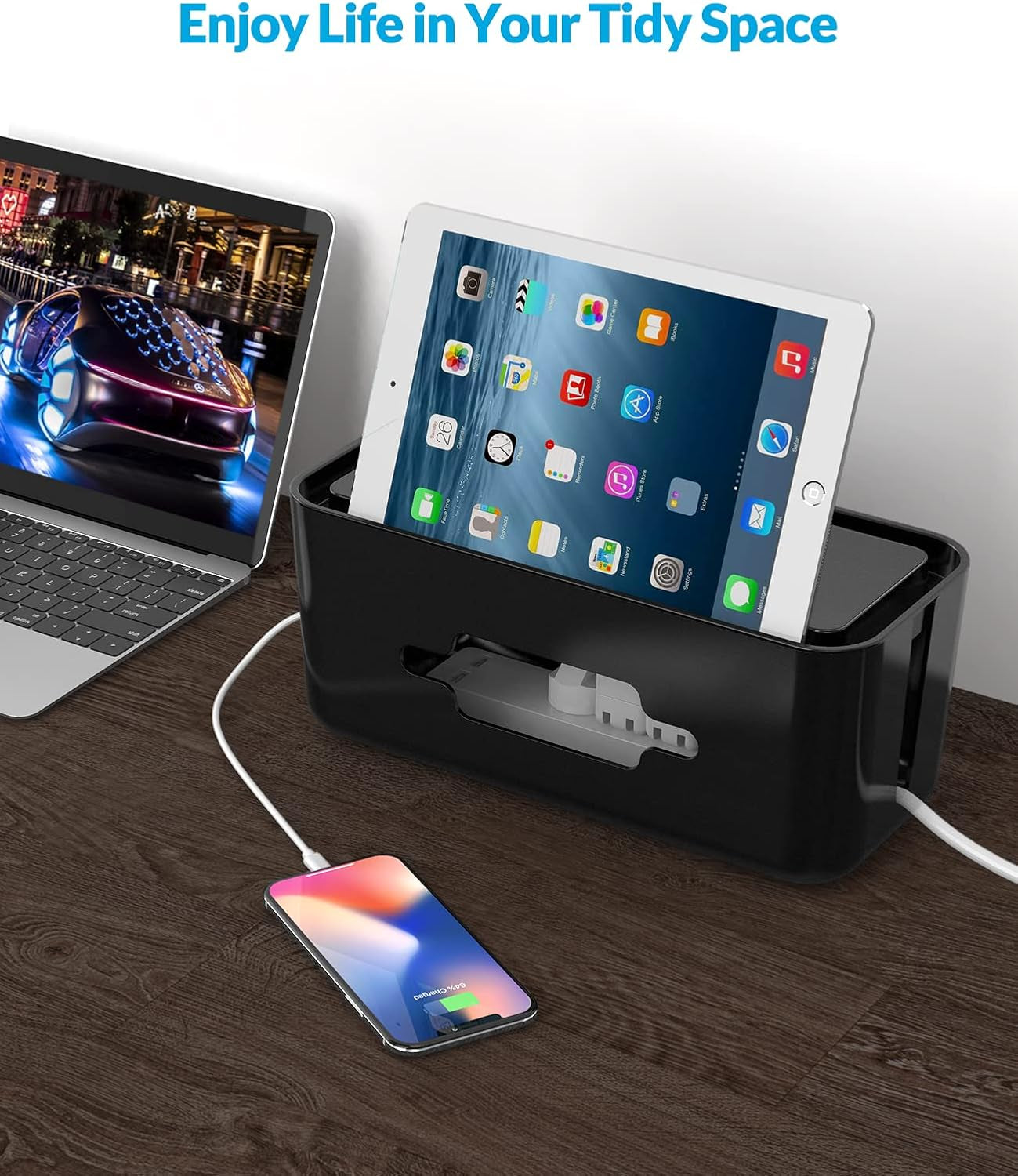 Cable Organizer Box Set, 2 Cable Box with Phone Tablet Holder Stand and a Roll of Black Hook and Loop Tape, Large and Medium Cable Management Box to Hold and Hide Power Strip/Power Cord-Black