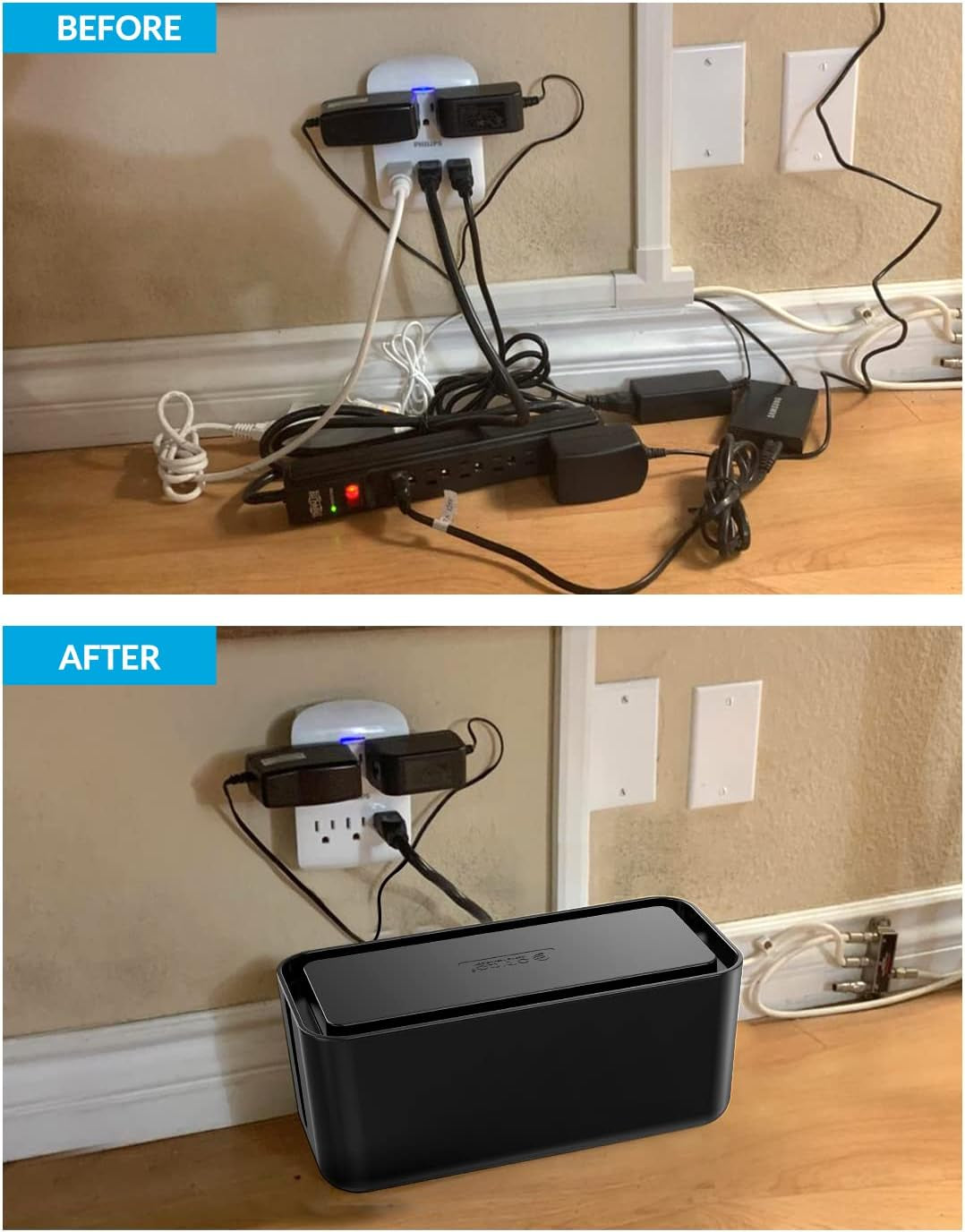Cable Organizer Box Set, 2 Cable Box with Phone Tablet Holder Stand and a Roll of Black Hook and Loop Tape, Large and Medium Cable Management Box to Hold and Hide Power Strip/Power Cord-Black