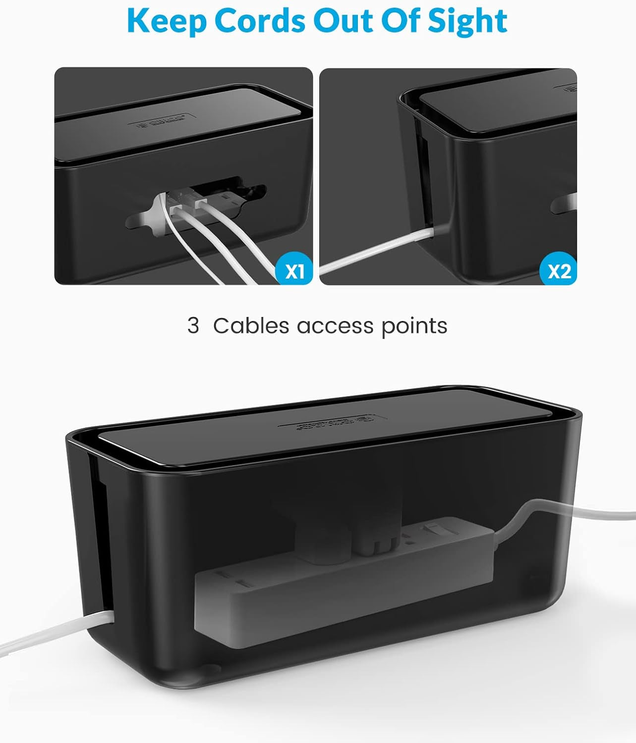 Cable Organizer Box Set, 2 Cable Box with Phone Tablet Holder Stand and a Roll of Black Hook and Loop Tape, Large and Medium Cable Management Box to Hold and Hide Power Strip/Power Cord-Black