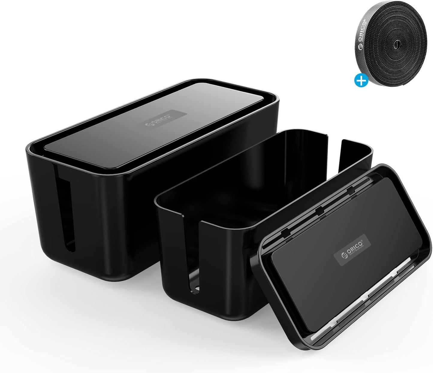Cable Organizer Box Set, 2 Cable Box with Phone Tablet Holder Stand and a Roll of Black Hook and Loop Tape, Large and Medium Cable Management Box to Hold and Hide Power Strip/Power Cord-Black
