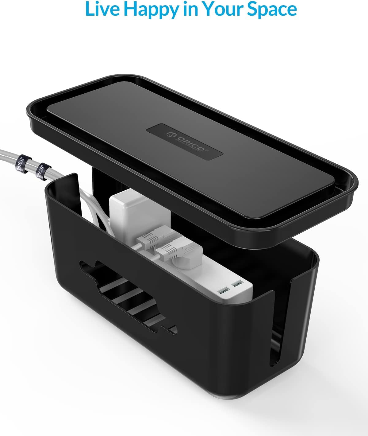 Cable Organizer Box Set, 2 Cable Box with Phone Tablet Holder Stand and a Roll of Black Hook and Loop Tape, Large and Medium Cable Management Box to Hold and Hide Power Strip/Power Cord-Black