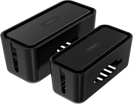 Cable Organizer Box Set, 2 Cable Box with Phone Tablet Holder Stand and a Roll of Black Hook and Loop Tape, Large and Medium Cable Management Box to Hold and Hide Power Strip/Power Cord-Black